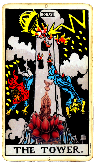 Tarot card of the Tower with a lotus ann eastern maiden superimposed on it
